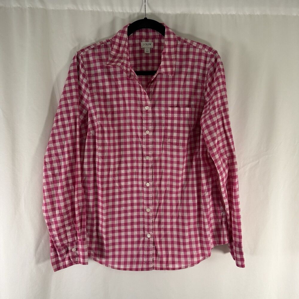 J Crew Button Down Shirt Women's Large Pink White Plaid Long Sleeve Collared Lig